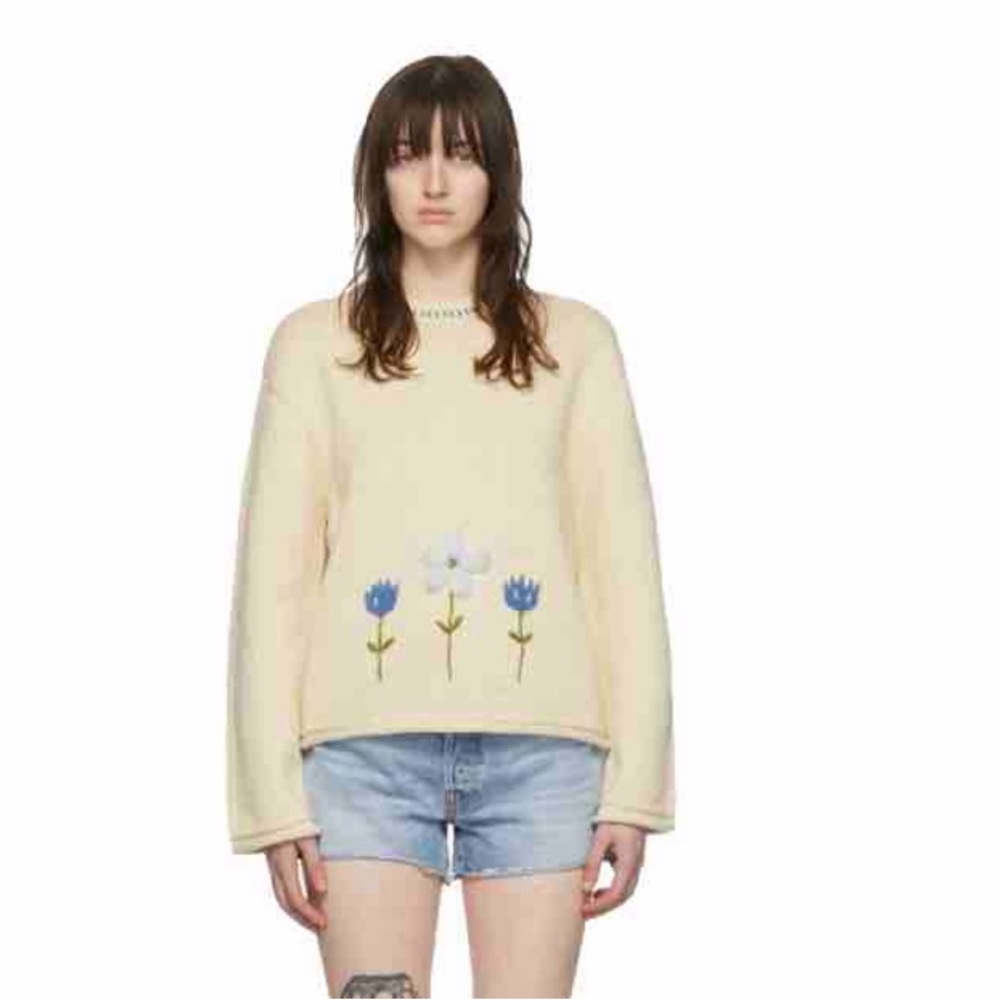 REDONE 50S EMBROIDERED COTTON-BLEND SWEATER IN VINTAGE IVORY Size Small